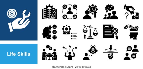 Life Skills icon set with Communication, Problem solving, Emotional intelligence, Soft skills, Resilience, Creative thinking, Confidence.