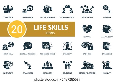 Life Skills icon set. Confidence, Imagination, Active Learning, Communication, Negotiation, Ideation, Empathy, Adaptability, Emotional, Critical Thinking icons and more