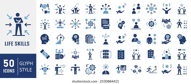 Life Skills icon set. Containing  leadership, attitude, work ethics, critical thinking, problem solving, teamwork and public speaking icons. Simple flat vector illustration.