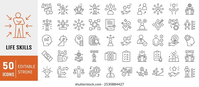 Conjunto de iconos de habilidades para la vida. Contiene liderazgo, actitud, ética de trabajo, pensamiento crítico, resolución de problemas, trabajo en equipo e íconos de habla pública. Ilustración vectorial de línea simple.