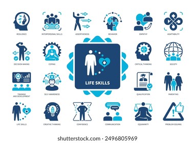 Life Skills icon set. Equanimity, Parenting, Qualification, Coping, Assertiveness, Resilience, Adaptability, Problem Solving. Duotone color solid icons