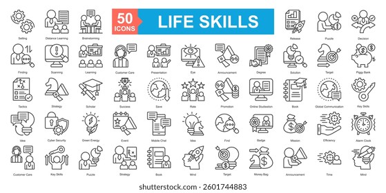 Life Skills Icon Sheet Setting, Finding, Tactics, Idea, Distance Learning, Brainstorming, Decision, Piggy Bank, Key Skills, Alarm Clock, Mind, Release