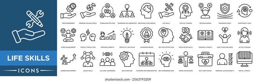 Life Skills icon. Time Management, Problem-Solving Puzzle, Communication Icon, Teamwork Collaboration and Emotional Intelligence