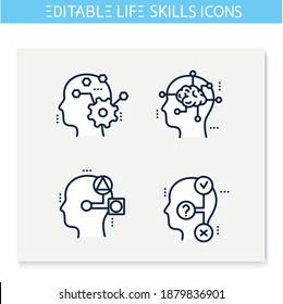 Life skills line icons set. Personality strengths. Critical, lateral, system thinking and more. Soft skills concept. Human resources management. Isolated vector illustrations. Editable stroke 