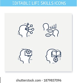 Life skills line icons set. Personality strengths. Computer skills, education, adaptability and more. Soft skills concept. Human resources management. Isolated vector illustrations. Editable stroke 