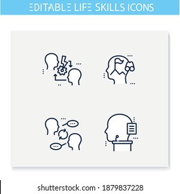 Life skills line icons set. Personality strengths.Diplomacy, oratory, leadership, communication and more.Soft skills concept. Human resources management. Isolated vector illustrations.Editable stroke 