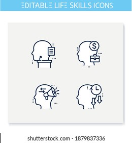 Life skills line icons set. Personality strengths. Oratory, management, business skills and more. Soft skills concept. Human resources management. Isolated vector illustrations. Editable stroke 