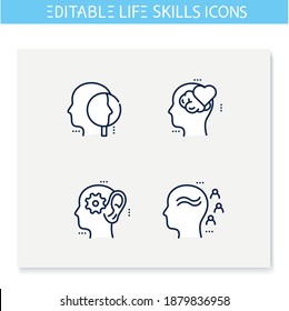 Life skills line icons set.Personality strengths. Cognitivity, influence, emotional intelligence and more. Soft skills concept.Human resources management.Isolated vector illustrations.Editable stroke 