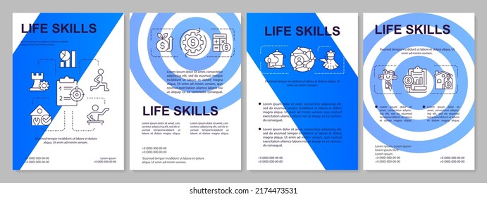 Life skills purple blue template. Essential abilities. Leaflet design with linear icons. Editable 4 vector layouts for presentation, annual reports. Arial, Myriad Pro-Regular fonts used