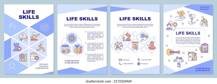 Life skills purple brochure template. Abilities. Leaflet design with linear icons. Editable 4 vector layouts for presentation, annual reports. Arial-Black, Myriad Pro-Regular fonts used
