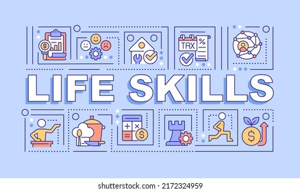 Life skills word concepts purple banner. Important competencies. Infographics with editable icons on color background. Isolated typography. Vector illustration with text. Arial-Black font used