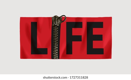 life slogan with zipper "I" letter on wrinkle red paper illustration