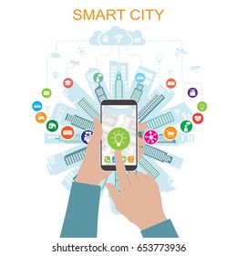 Life in a smart city with advanced smart services, and augmented reality, social networking, the Internet of things, icons