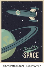life in the space poster with rocket and saturn vector illustration design