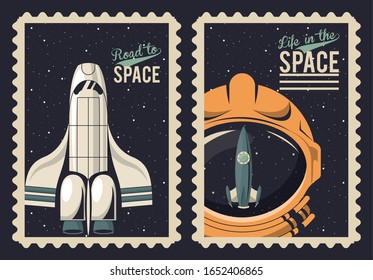 life in the space poster with spaceship vector illustration design