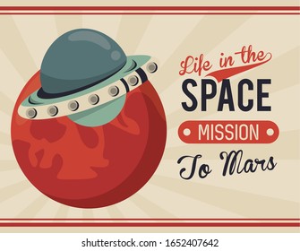 life in the space poster with ufo flying vector illustration design