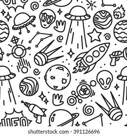 Life in space seamless vector pattern black and white