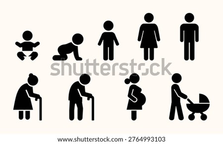 Life stage silhouettes, aging process, human icons set.