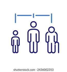 Life stages icon with child, adult, and elderly figures under measuring line, vector thin line illustration for human lifecycle, growth, and aging concept