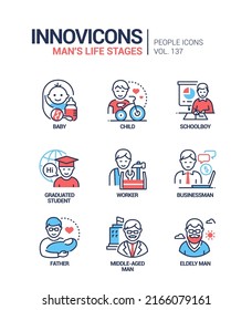 Life Stages Of A Man - Line Design Style Icons Set. Ageing Process From A Newborn To A Senior Person. Baby, Child, Schoolboy, Graduated Student, Worker, Businessman, Father, Middle-aged, Elderly Male