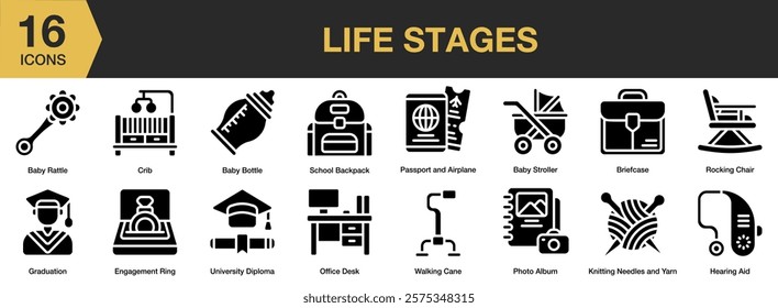 Life Stages solid icon set. Includes growth, aging, life, old, child, generation, people, and More. Solid icons vector collection.