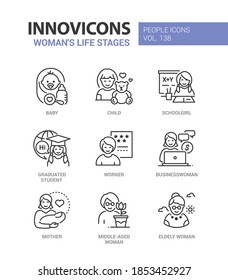 Life stages of a woman - line design style icons set. Ageing process and career from a newborn to senior person. Baby, schoolgirl, graduated student, businesswoman, mother, middle-aged, elderly female