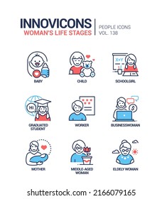 Life stages of a woman - line design style icons set. Ageing process and career from a newborn to senior person. Baby, schoolgirl, graduated student, businesswoman, mother, middle-aged, elderly female