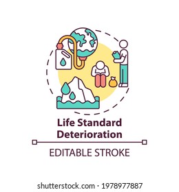 Life Standard Deterioration Concept Icon. Climate Justice Idea Thin Line Illustration. Vector Isolated Outline RGB Color Drawing. Low-income Communities. Human Influence On Nature. Editable Stroke