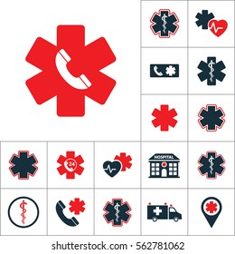 life star emergency phone icon, medical set on white background