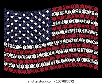 Life star icons are composed into waving American flag abstraction on a dark background. Vector collage of America state flag is made from life star items.