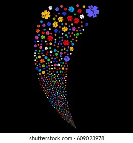 Life Star random fireworks stream. Vector illustration style is flat bright multicolored iconic symbols on a black background. Object fountain constructed from scattered pictograms.