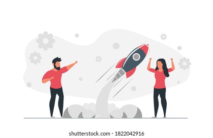 Life of a startup man and woman launch a rocket together. People together develop innovative business product to market concept vector illustration