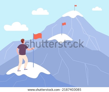 Life steps to goals. Manager gradual achievement of purpose, man leader climb up mountains peak with flag, path high aim concept improve stages business, vector illustration of goal life management