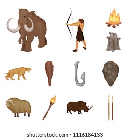 Life in the Stone Age cartoon icons in set collection for design. Ancient people vector symbol stock web illustration.