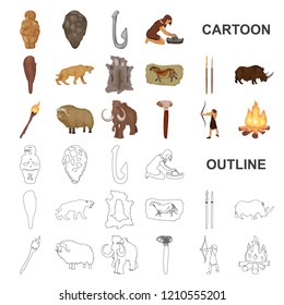 Life in the Stone Age cartoon icons in set collection for design. Ancient people vector symbol stock web illustration.
