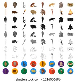 Life in the Stone Age cartoon icons in set collection for design. Ancient people vector symbol stock web illustration.