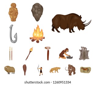 Life in the Stone Age cartoon icons in set collection for design. Ancient people vector symbol stock web illustration.