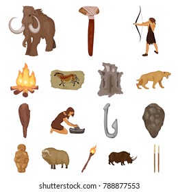 Life in the Stone Age cartoon icons in set collection for design. Ancient people vector symbol stock web illustration.