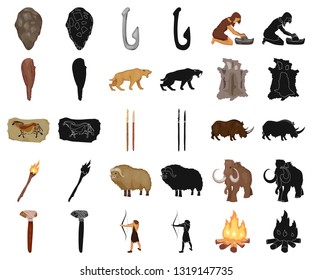 Life in the Stone Age cartoon,black icons in set collection for design. Ancient people vector symbol stock web illustration.