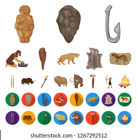 Life in the Stone Age cartoon,flat icons in set collection for design. Ancient people vector symbol stock web illustration.