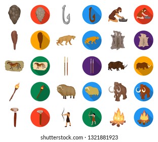 Life in the Stone Age cartoon,flat icons in set collection for design. Ancient people vector symbol stock web illustration.