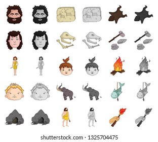 Life in the Stone Age cartoon,monochrom icons in set collection for design. Ancient people vector symbol stock web illustration.