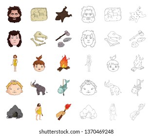 Life in the Stone Age cartoon,outline icons in set collection for design. Ancient people vector symbol stock web illustration.