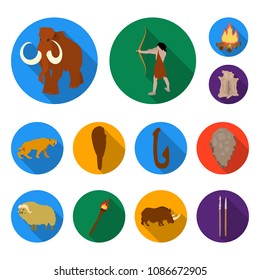 Life in the Stone Age flat icons in set collection for design. Ancient people vector symbol stock web illustration.