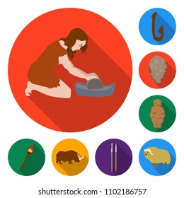 Life in the Stone Age flat icons in set collection for design. Ancient people vector symbol stock web illustration.