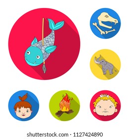 Life in the Stone Age flat icons in set collection for design. Ancient people vector symbol stock web illustration.