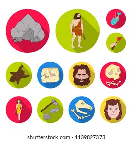 Life in the Stone Age flat icons in set collection for design. Ancient people vector symbol stock web illustration.