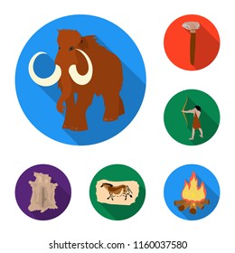 Life in the Stone Age flat icons in set collection for design. Ancient people vector symbol stock web illustration.