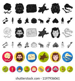 Life in the Stone Age flat icons in set collection for design. Ancient people vector symbol stock web illustration.