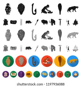 Life in the Stone Age flat icons in set collection for design. Ancient people vector symbol stock web illustration.
